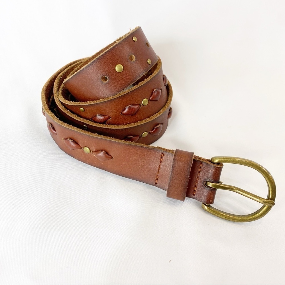 Brown Leather Belt with Brass Accents and Brass Buckle